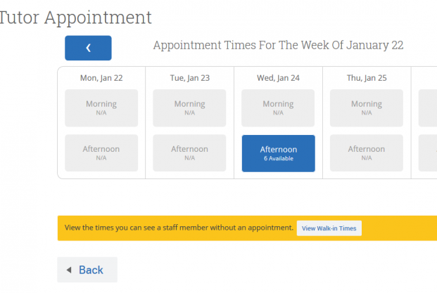 The calendar to schedule a tutor appointment