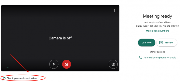 Screenshot showing the location of the "Check your audio and video" link.