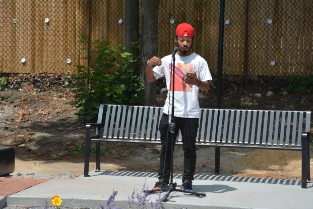Student Nasih Thomas reads poem at Abolitionist Park event