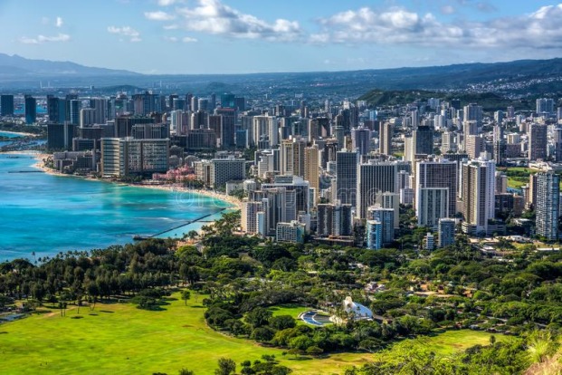 Aerial view of Honolulu, Hawaii with city and ocean view