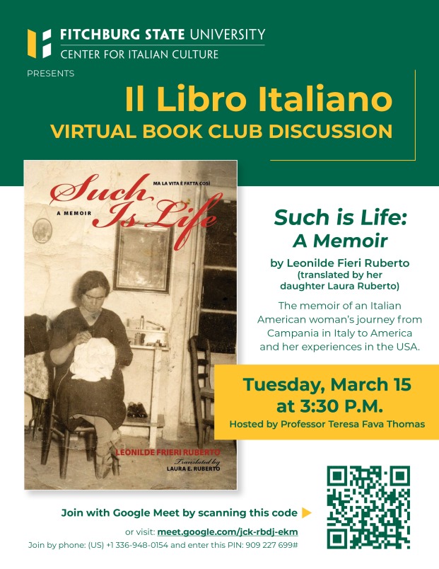 Poster for Center for Italian Culture book club discussion of memoir Such is Life