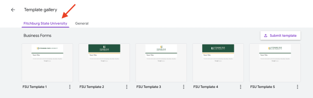 Image showing the location of the Fitchburg State University tab in the template gallery in Google Forms.