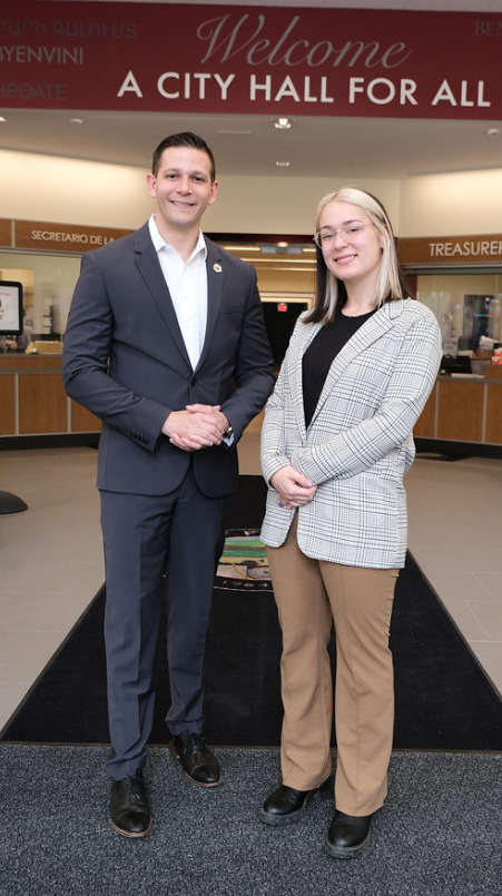 Portrait of State Rep Kushmerek and aide Rebecca Hess at Fitchburg City Hall