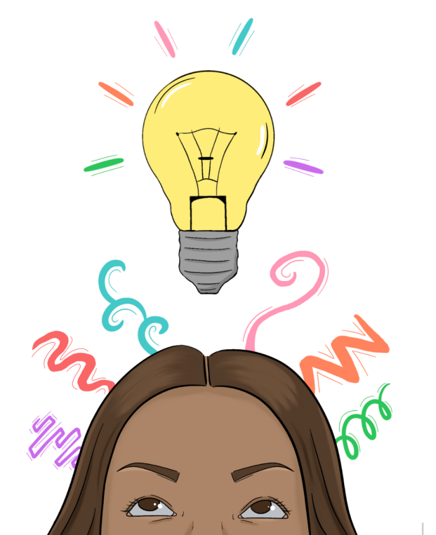 Lightbulb ideas coming out of top of female head eyes looking up