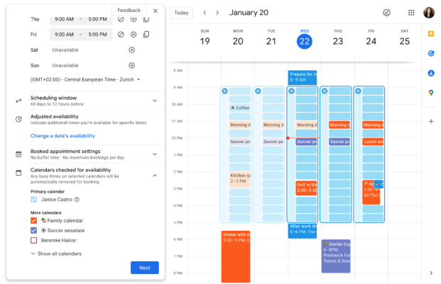 The Google Appointment Scheduling Tool interface
