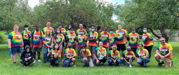 Upward bound math and science group shot in tie dye shirts
