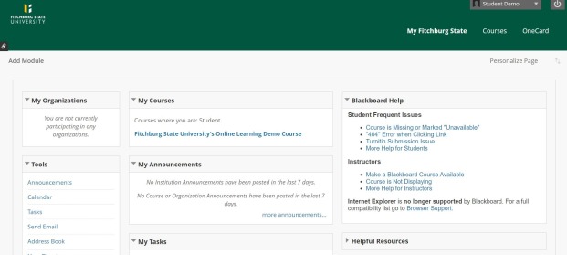 Blackboard home screen for the demo course