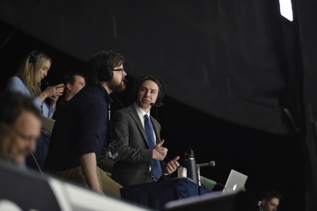 Tim Foley photographed calling Worcester Railers hockey game