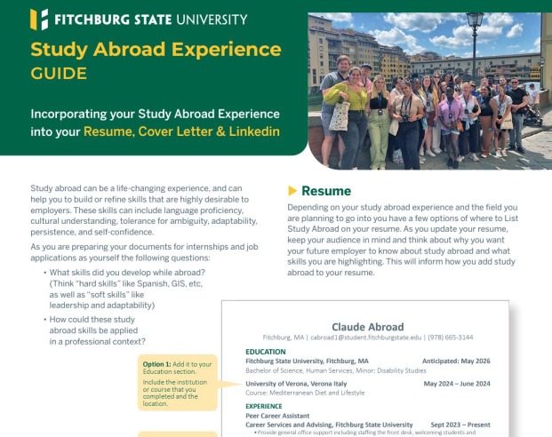 Study abroad experience guide with resume example and photo of students abroad