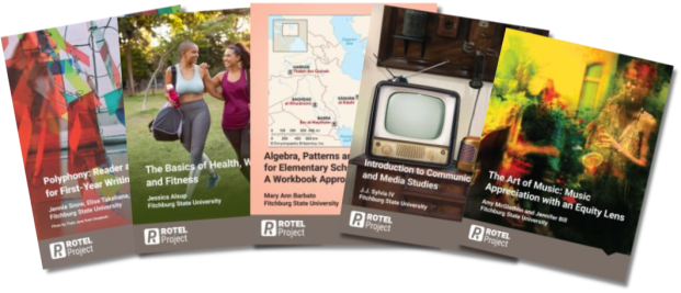 Covers for five books in a row, overlapping each other