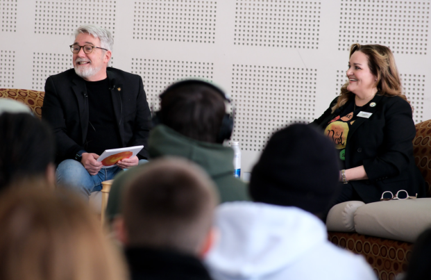 Peter Reynolds and Donna Hodge chatting at Hammond event