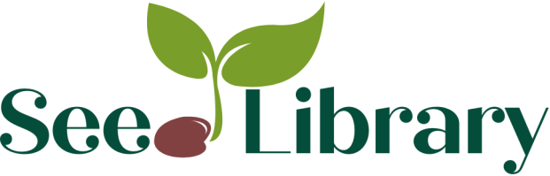 Seed Library Logo with green text where the letter d is stylized as a sprouting seedling