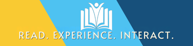 yellow, light blue, dark blue stripes with the words READ. EXPERIENCE. INTERACT. and the Fitchburg Community Read logo in white