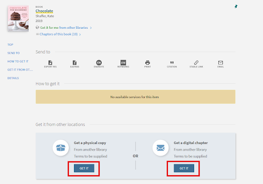 FalconSearch Result page that highlights how to request an item.  Click on Get It under either of the headings: Get a physical copy or Get a digital copy