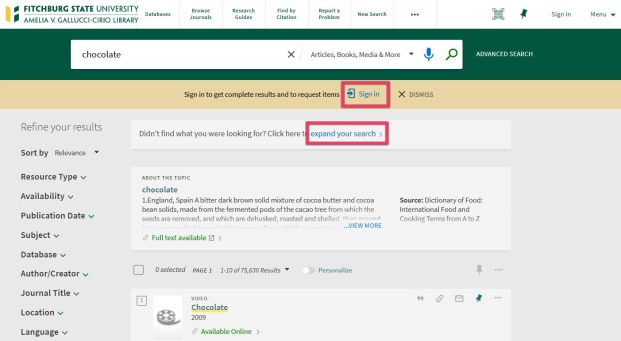 FalconSearch Results highlighting the Sign-in and Expand Your Search Links to allow a user to begin the process of requesting materials from Interlibrary Loan.