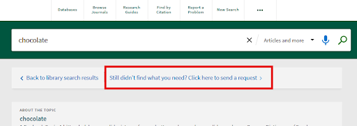 FalconSearch results that highlight how to request ILL from within search.  Click on Still didn't find what you need? Click here to send a request