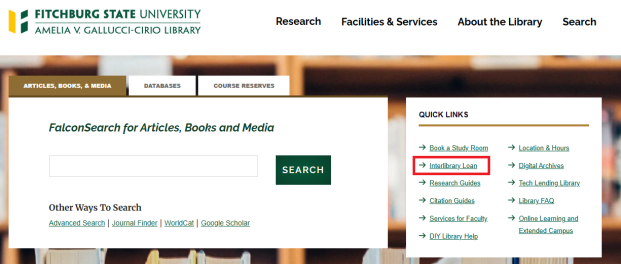 Library homepage with Interlibrary Loan highlighted under Quick Links