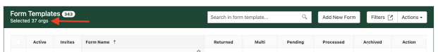 The link used to access the Filters page has the text "Selected x orgs" where x is the number of orgs currently visible in the forms list.