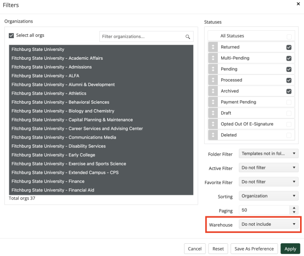 The Filters screen, showing the location of the Warehouse dropdown in the lower right corner. The Warehouse dropdown is set to the default "Do not include". 