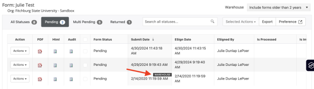 The list of forms is shown, an arrow points to a form in the list that is located in the Warehouse.