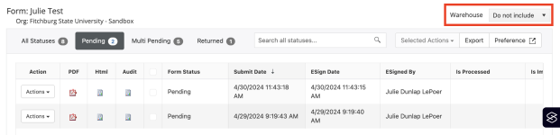 The Warehouse dropdown is located in the upper right corner of the queue.