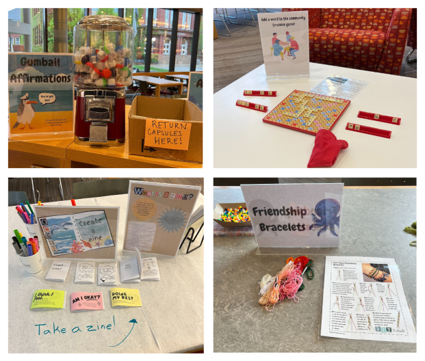 Collage of four images: gum ball machine (upper left), scrabble game on a coffee table (upper right), display of zine making materials (lower left), and instruction and materials for making friendship bracelets on a table (lower right)