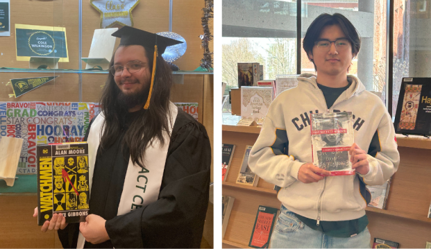 Two photos of graduating seniors. Left photo: white man with long dark hair and beard with glasses wearing a black cap and gown holding a book. Right image: Asian man with dark hair wearing a white sweatshirt and jeans holding a book