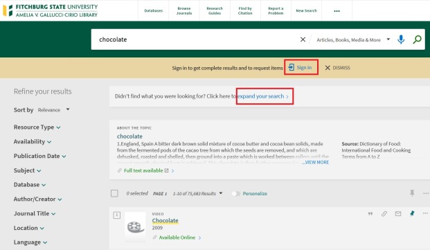 Falcon Search Results.  Sign in and Expand Your search are highlighted to provide instruction on how to being the process of requesting materials from Interlibrary Loan. 