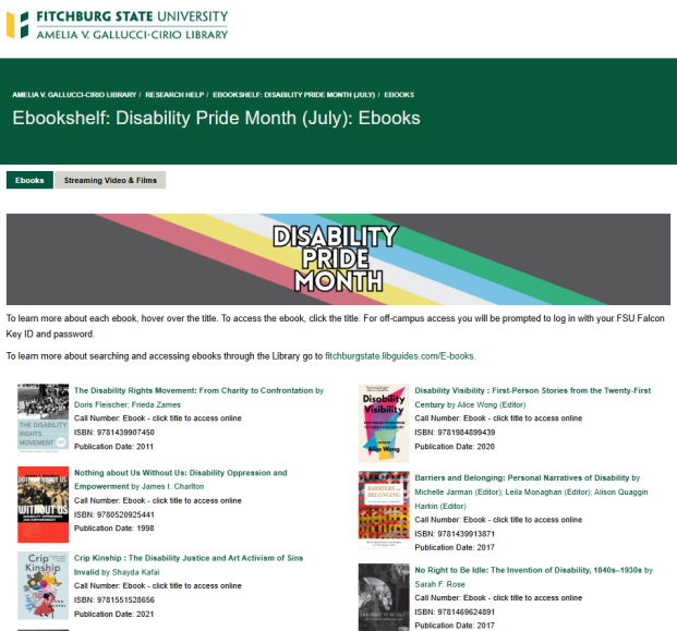 Screenshot of list of ebooks titles and covers focused on disablity