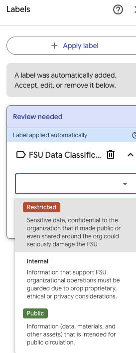 The Labels screen in Google Workspace where you can accept, edit or remove the label that was automatically applied to the document.