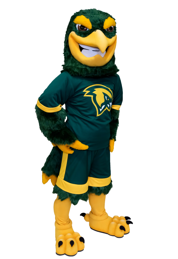 Full body image of Freddy the Falcon mascot standing tall.