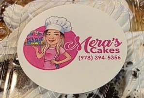 Mera's Cakes logo cartoon women with chef hat holding cake