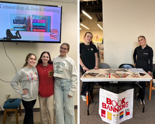Three people smiling in front of a presentation slide on book censorship.