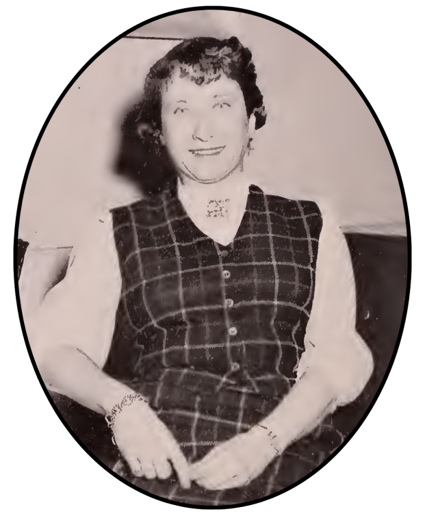  Oval-shaped, black-and-white photograph depicting seated woman with short dark hair facing the camera dressed in mid-20th century styled patterned vest with a checkered design over a light-colored blouse. 