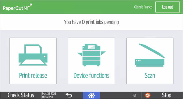 PaperCut MF Menu Selection Print Release, Device Functions, Scan.