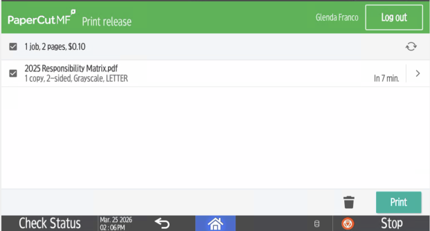PaperCut Final Print Screen with documents in queue.