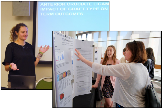 Collage of two images: Left is a white woman with dark hair in a ponytail presenting in front of a large screen, Right is a white woman facing a poster talking to another white women