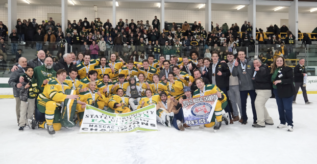 Group photo of MASCAC ice hockey team on ice