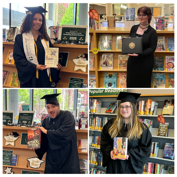 Four graduates in caps and gowns pose in a library, each holding a favorite book,