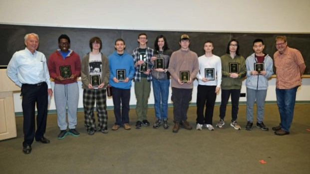 Math Elizabeth Haskins Contest Winners in Kent Recital Hall with faculty.