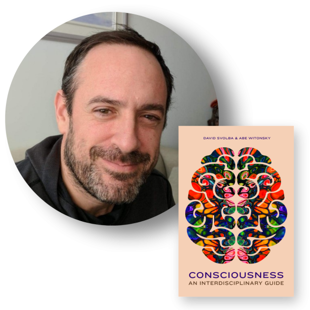 Circular portrait of a smiling bearded man beside the peach-colored book cover Consciousness: An Interdisciplinary Guide, featuring a colorful abstract brain design.