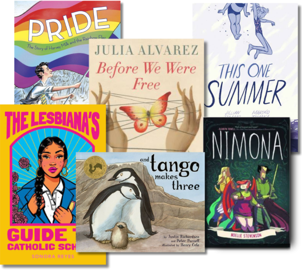 Collage of six banned book covers, including Pride, Before We Were Free, This One Summer, The Lesbiana’s Guide to Catholic School, and tango makes three, and Nimona.
