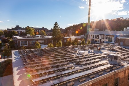 Solar panels on the roof of the Sanders Administration Building and Anthony Student Center