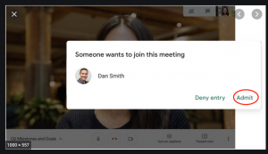 Screenshot showing how to accept a participant into a Google Meet.