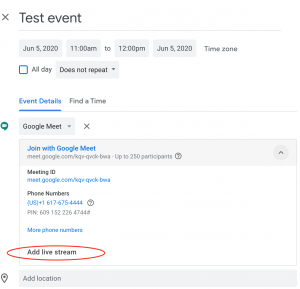 Screenshot showing how to add a Google Meet live stream.
