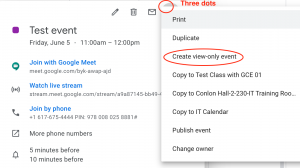 Screenshot showing how to create a Google Meet view-only event.