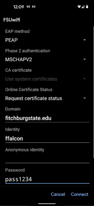 Screenshot showing Android FSUwifi settings