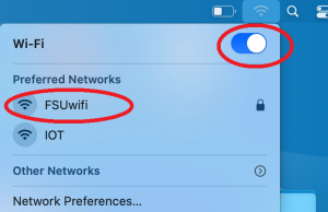 Screenshot showing the wireless icon in the menu bar with an arrow pointing to a switch used for turning Wi-Fi on and off and the Preferred Network FSUwifi circled