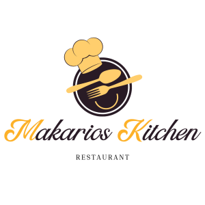 Logo for Makarios Kitchen chef hat, fork and spoon with name
