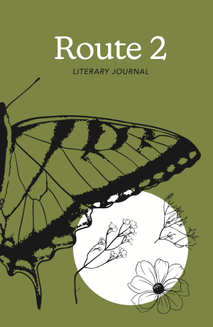 Cover of Route 2 Literary Magazine with butterfly and flowers on it